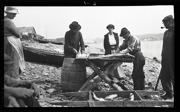 Pêcheurs coupant des morues au bord de l'eau à Port-Daniel, Gaspésie, 1922, Musée canadien de l’histoire, Fonds Marius Barbeau, 57154.