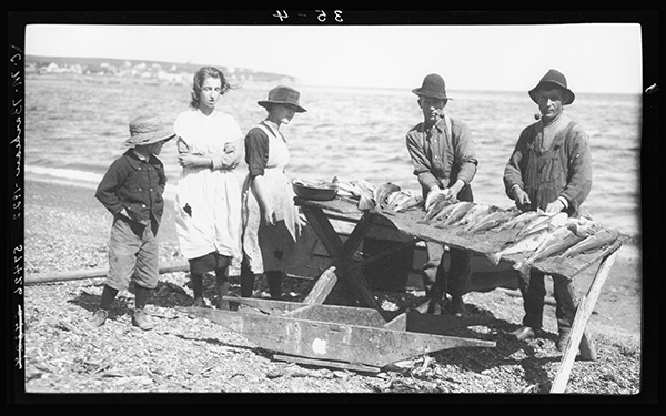 Pêcheurs coupant des morues en Gaspésie, 1922, Musée canadien de l’histoire, Fonds Marius Barbeau, 57426.