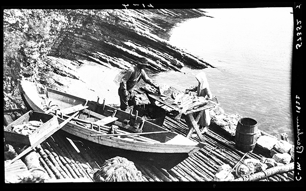 Pêcheurs d'origine guernsey tranchant des morues sur un quai près de Shiphead, Gaspésie, 1922, Musée canadien de l’histoire, Fonds Marius Barbeau, 57352.